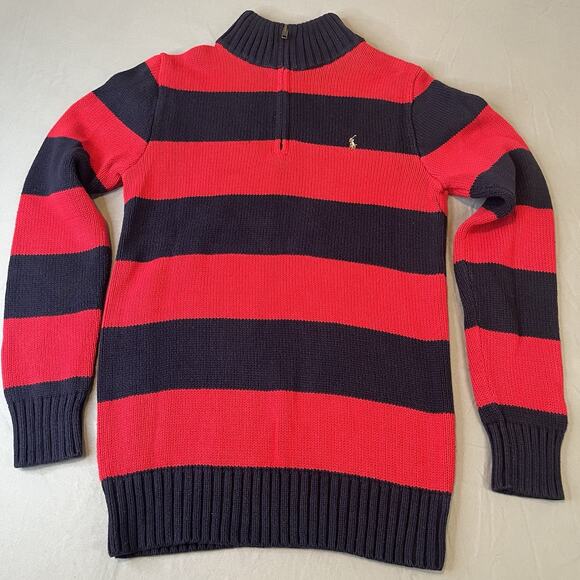 Polo Ralph Lauren Striped 1/4 Zip Thick Sweater 100% Cotton Knit Large 14-16 Red - Picture 1 of 6